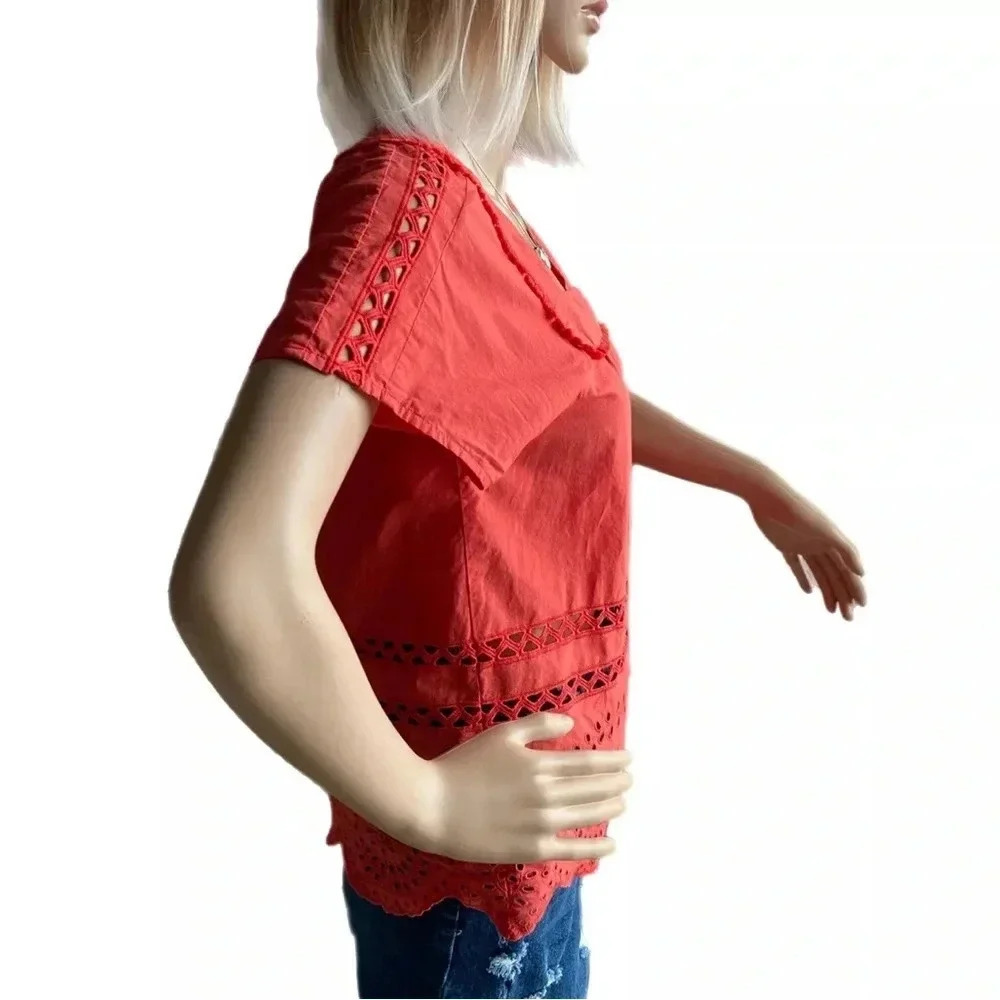 Madewell Top Angelica Rusty Orange Eyelet Short Sleeve Blouse Women’s Size XS - Picture 5 of 12